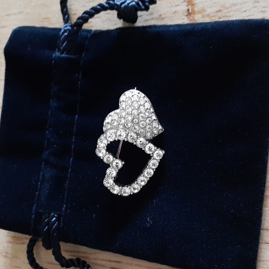 Authentic Swarovski Crystal Swan Stamped Double Heart Brooch E106
